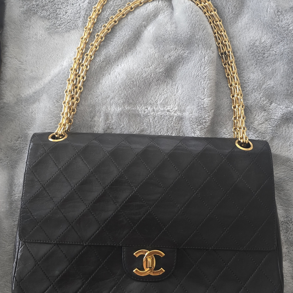CHANEL Black Lambskin Double Flap Shoulder Bag with 2 Tone BIJOUX Chain